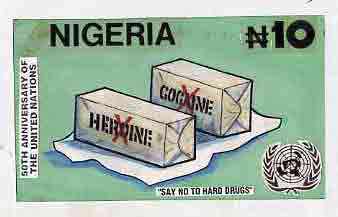 Nigeria 1995 50th Anniversary of United Nations - original hand-painted artwork for N10 value by Godrick N Osuji (Say No To Hard Drugs) on card 8.5 x 5 endorsed D1, stamps on united-nations     drugs