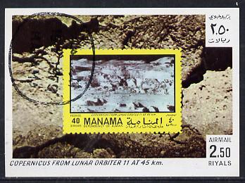 Manama 1970 Space Flight imperf m/sheet showing Copernicus stamp cto used, Mi BL 80, stamps on personalities, stamps on maths, stamps on science, stamps on stamp on stamp, stamps on copernicus, stamps on astronomy, stamps on stamponstamp