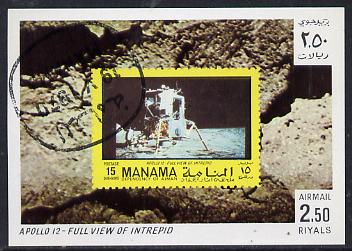 Manama 1970 Space Flight imperf m/sheet showing Apollo 12 stamp cto used, Mi BL 75, stamps on space, stamps on stamp on stamp, stamps on stamponstamp