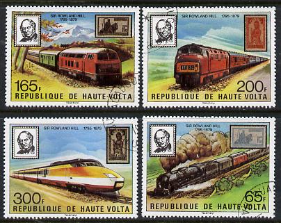 Upper Volta 1979 Sir Rowland Hill set of 4 (Trains & Stamps) cto used, SG 523-26, stamps on railways, stamps on stamp on stamp, stamps on rowland hill    , stamps on stamponstamp