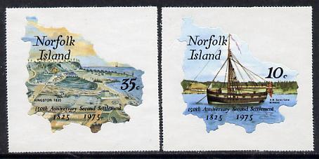 Norfolk Island 1975 Anniversary of Second Settlement self-adhesive set of 2 in shape of Map, SG 163-64 unmounted mint*, stamps on ships    maps     arts    self adhesive, stamps on shaped