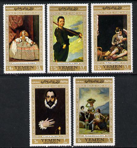 Yemen - Republic 1967 Paintings (Spanish Masters gold borders) perf set of 5 unmounted mint, Mi 602-606A, stamps on arts    grapes     alcohol