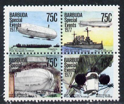 Barbuda 1977 75th Anniversary of Navigable Airships 75c se-tenant block of 4 unmounted mint from Special Events set, SG 363a, stamps on aviation, stamps on zeppelins, stamps on airships