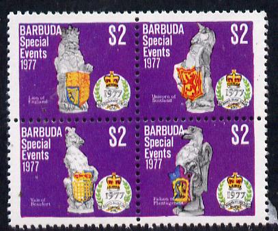 Barbuda 1977 Silver Jubilee $2 se-tenant block of 4 unmounted mint from Special Events set, SG 375a, stamps on royalty    silver jubilee
