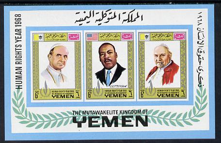 Yemen - Royalist 1968 Human Rights imperf m/sheet (Popes & Luther King) with emblem in silver unmounted mint (Mi BL 120) , stamps on religion, stamps on pope, stamps on personalities, stamps on human rights, stamps on 