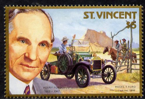 St Vincent 1987 Centenary of Motoring the unissued $5 value showing Henry Ford facing right see note after MS 1089*, stamps on cars, stamps on personalities, stamps on transport, stamps on masonics, stamps on masonry
