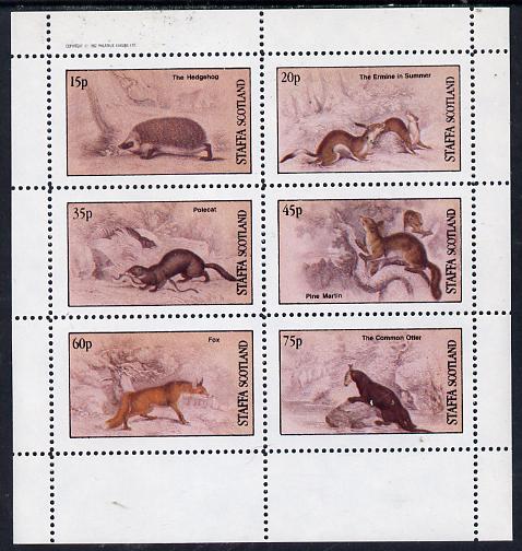 Staffa 1982 Animals (Hedgehog, Fox, Otter etc) perf set of 6 values (15p to 75p) unmounted mint, stamps on , stamps on  stamps on animals, stamps on  stamps on hedgehogs, stamps on  stamps on  fox , stamps on  stamps on foxes, stamps on  stamps on  