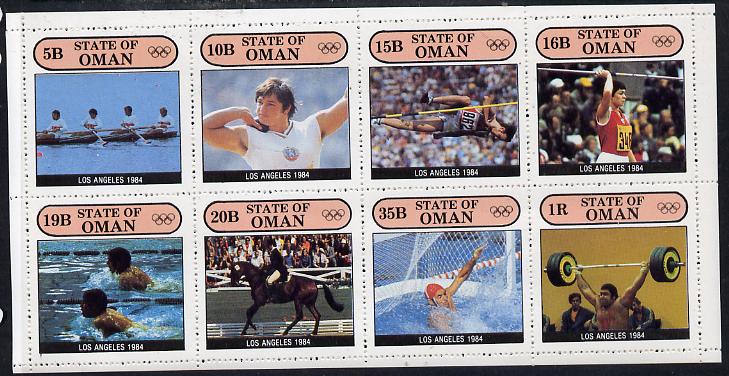 Oman 1984 Los Angeles Olympic Games complete perf  set of 8 values (5b to 1R) unmounted mint, stamps on rowing   shot   high jump    javelin    swimming    dressage    water polo   weightlifting    olympics