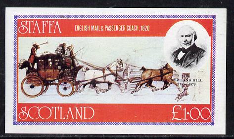 Staffa 1979 Rowland Hill (Mail Coach) imperf souvenir sheet (Â£1 value) unmounted mint, stamps on postal    rowland hill     mail coaches
