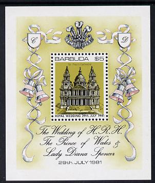 Barbuda 1981 Royal Wedding $5 m/sheet unmounted mint, SG MS 571, stamps on , stamps on  stamps on royalty, stamps on  stamps on diana, stamps on  stamps on charles, stamps on  stamps on 