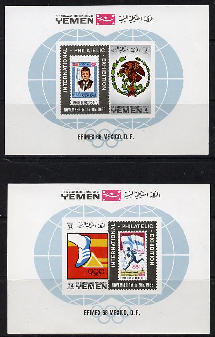 Yemen - Royalist 1968 Efimex Stamp Exhibition set of two m/sheets unmounted mint (Mi BL 144-145) , stamps on kennedy, stamps on personalities, stamps on olympics, stamps on postal, stamps on sport, stamps on stamp on stamp, stamps on stamp exhibitions, stamps on stamponstamp