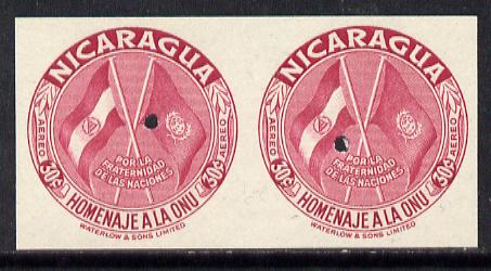 Nicaragua 1954 United Nations 30c (Flags) in unmounted mint IMPERF proof pair from the Waterlow archives, each with tiny security puncture, SG 1205, stamps on flags, stamps on united-nations