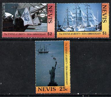 Nevis 1986 the 3 Ship stamps from 'Statue of Liberty' set (25c, $1 & $2) SG 444. 448 & 450 unmounted mint*, stamps on ships    statues   americana