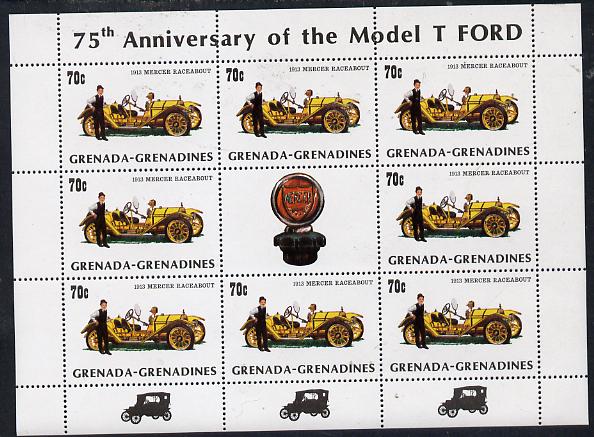 Grenada - Grenadines 1983 75th Anniversary of Model 'T' Ford 70c (1913 Mercer) in sheetlet of 8 plus label unmounted mint, SG 556, stamps on mercer