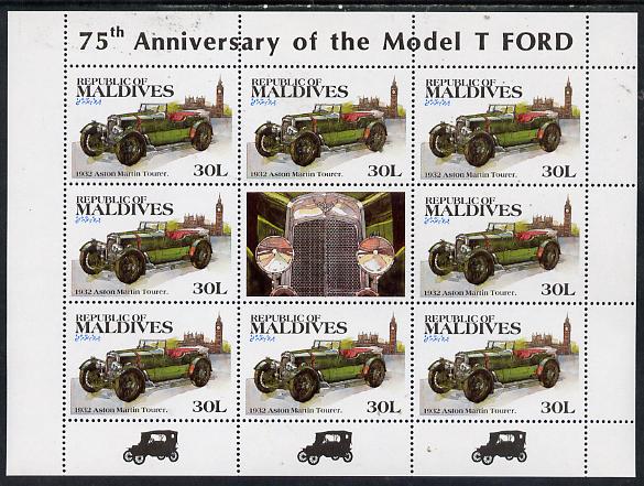 Maldive Islands 1983 Classic Motor Cars 30L (1932 Aston Martin) in sheetlet of 8 plus label unmounted mint, SG 998, stamps on aston martin