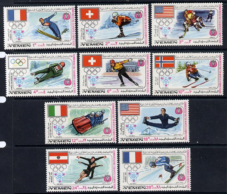 Yemen - Royalist 1968 Winter Olympics set of 10 unmounted mint (Mi 529-38A) , stamps on sport     olympics     flags    skiing    skating    ice hockey      bobsled    
