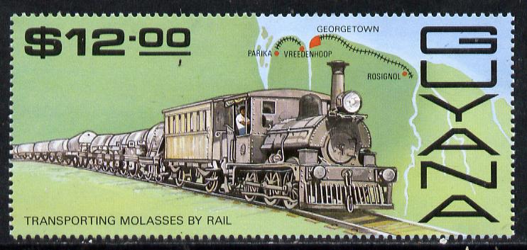 Guyana 1987 Railways $12 (Molasses Train) unmounted mint, SG 2213, stamps on , stamps on  stamps on food, stamps on  stamps on railways, stamps on  stamps on maps, stamps on  stamps on sugar