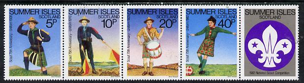Summer Isles (British Local) 1982 75th Anniversary of Scouting strip of 4 plus label, unmounted mint, stamps on scouts, stamps on scots, stamps on scotland