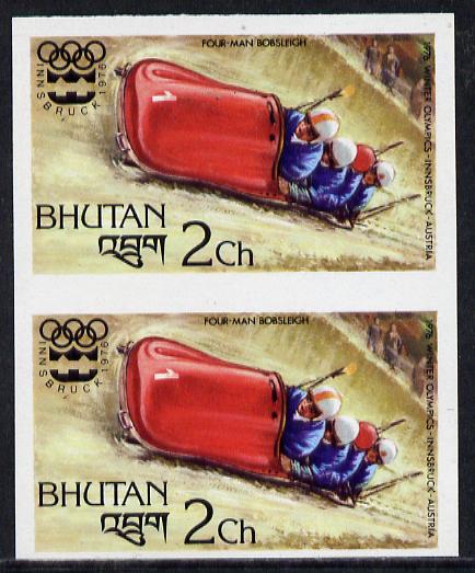 Bhutan 1976 Innsbruck Winter Olympics 2ch (Bobsleighing) imperf pair from limited printing unmounted mint, as SG 338*, stamps on bobsled    olympics