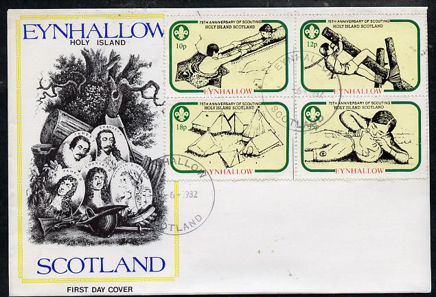 Eynhallow 1982 75th Anniversary of Scouting perf set of 4 on cover with first day cancel, stamps on scouts