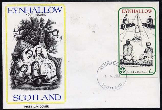 Eynhallow 1982 75th Anniversary of Scouting imperf souvenir sheet (\A31 value showing Campfire) on cover with first day cancel, stamps on scouts