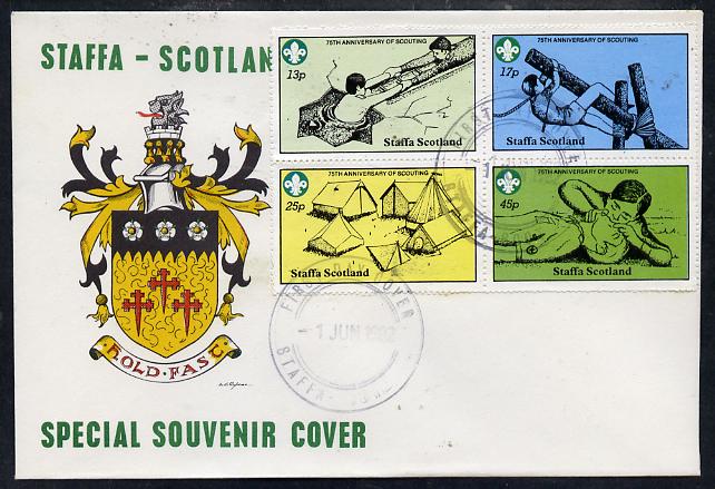 Staffa 1982 75th Anniversary of Scouting perf set of 4 on cover with first day cancel, stamps on scouts