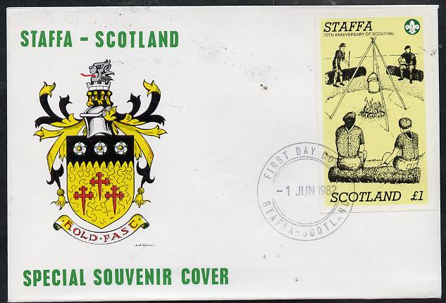 Staffa 1982 75th Anniversary of Scouting imperf souvenir sheet (\A31 value showing Campfire) on cover with first day cancel, stamps on scouts