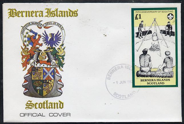 Bernera 1982 75th Anniversary of Scouting imperf souvenir sheet (\A31 value showing Campfire) on cover with first day cancel, stamps on scouts