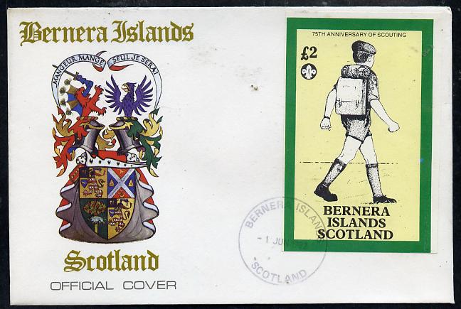 Bernera 1982 75th Anniversary of Scouting imperf deluxe sheet (\A32 value showing Scout with Back-pack) on cover with first day cancel, stamps on scouts