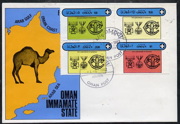 Oman 1982 75th Anniversary of Scouting perf set of 4 on cover with first day cancel, stamps on scouts