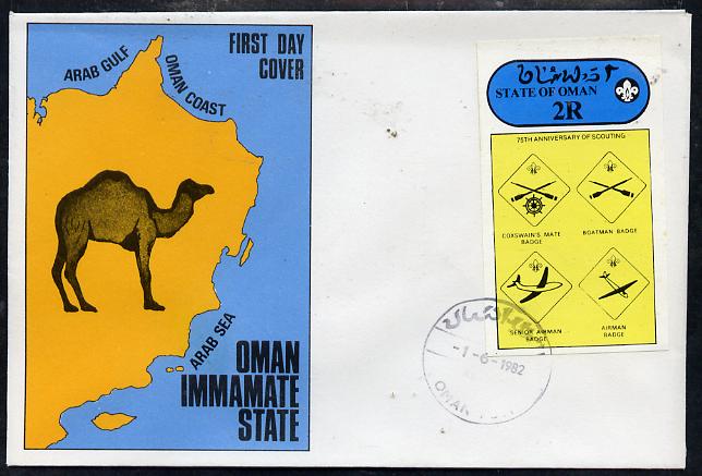 Oman 1982 75th Anniversary of Scouting imperf souvenir sheet (2R value showing Badges) on cover with first day cancel, stamps on scouts