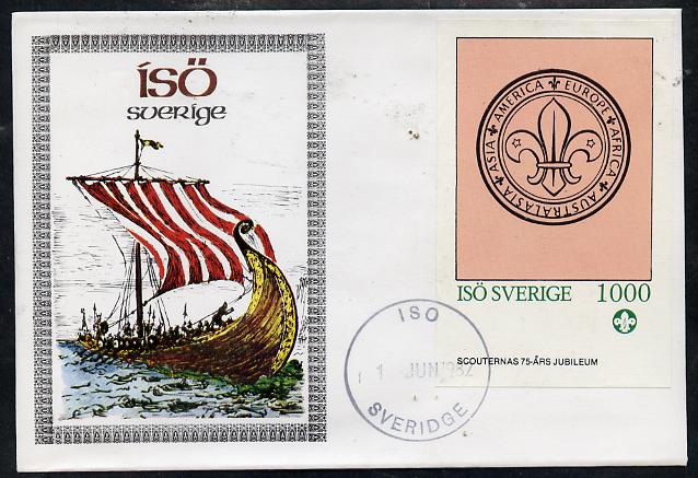 Iso - Sweden 1982 75th Anniversary of Scouting imperf deluxe sheet (1000 value showing Scout Badge) on cover with first day cancel, stamps on scouts, stamps on  iso , stamps on 