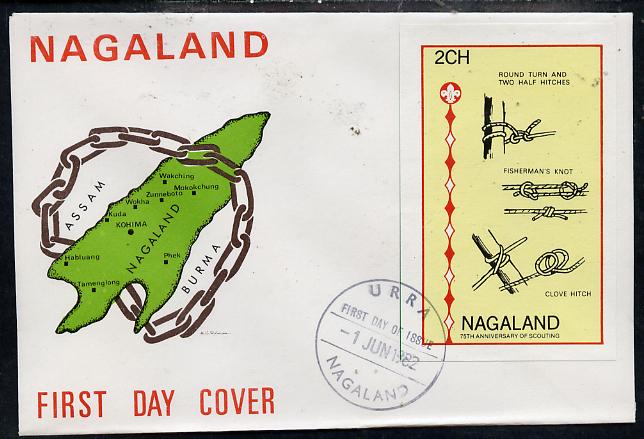 Nagaland 1982 75th Anniversary of Scouting imperf deluxe sheet (2ch value showing Knots) on cover with first day cancel, stamps on scouts, stamps on knots