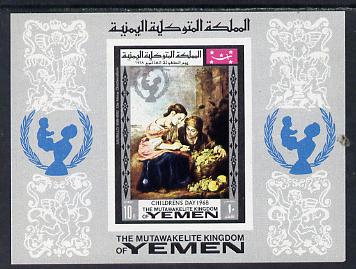 Yemen - Royalist 1968 Paintings (Children's Day) imperf m/sheet with UNICEF logo in blue unmounted mint (Mi BL 133B) , stamps on arts, stamps on children, stamps on murillo