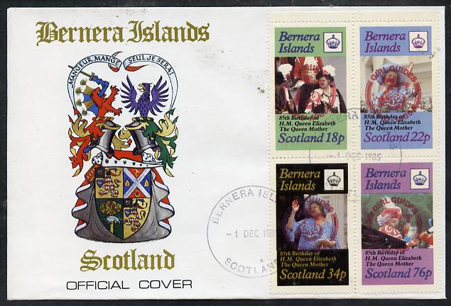 Bernera 1985 Life & Times of HM Queen Mother perf set of 4 with Girl Guide 75th Anniversary opt in red, on cover with first day cancel, stamps on scouts, stamps on royalty, stamps on queen mother
