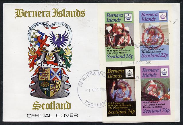 Bernera 1985 Life & Times of HM Queen Mother imperf set of 4 with Girl Guide 75th Anniversary opt in red, on cover with first day cancel, stamps on scouts, stamps on royalty, stamps on queen mother