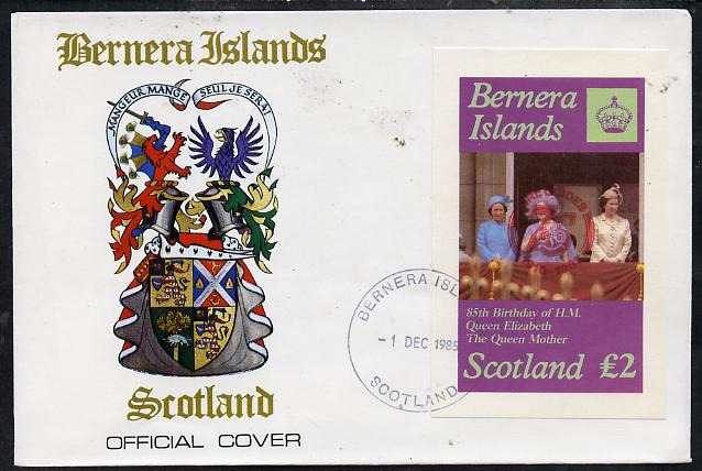 Bernera 1985 Life & Times of HM Queen Mother imperf deluxe sheet (\A32 value) with Girl Guide 75th Anniversary opt in red, on cover with first day cancel, stamps on scouts, stamps on royalty, stamps on queen mother