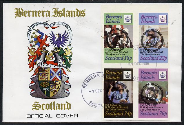 Bernera 1985 Life & Times of HM Queen Mother imperf set of 4 with Girl Guide 75th Anniversary opt in black, on cover with first day cancel, stamps on scouts, stamps on royalty, stamps on queen mother