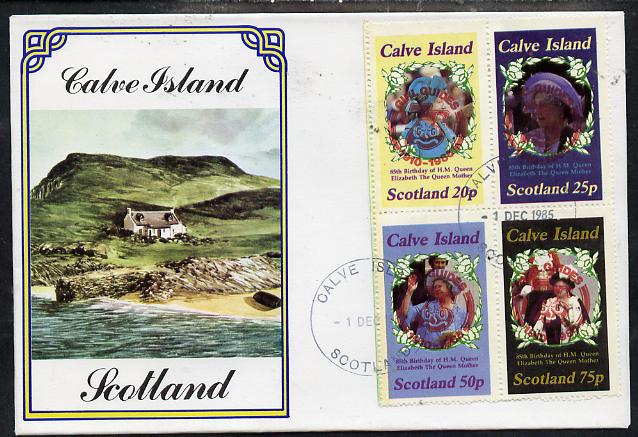Calve Island 1985 Life & Times of HM Queen Mother perf set of 4 with Girl Guide 75th Anniversary opt in red, on cover with first day cancel, stamps on , stamps on  stamps on scouts, stamps on  stamps on royalty, stamps on  stamps on queen mother