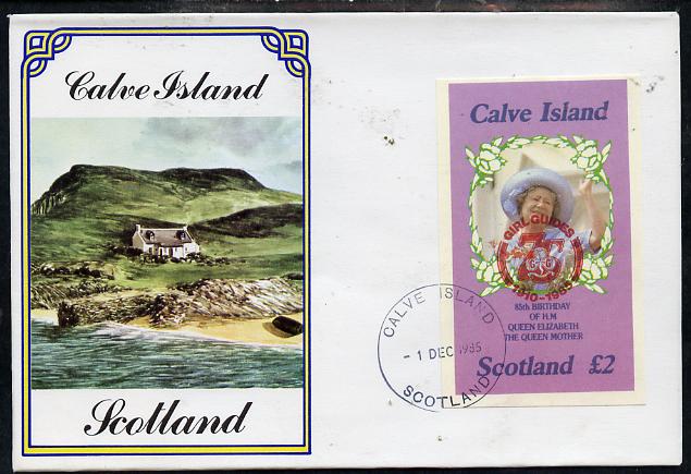 Calve Island 1985 Life & Times of HM Queen Mother imperf deluxe sheet (\A32 value) with Girl Guide 75th Anniversary opt in red, on cover with first day cancel, stamps on scouts, stamps on royalty, stamps on queen mother