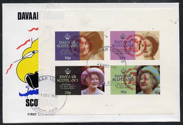 Davaar Island 1985 Life & Times of HM Queen Mother imperf set of 4 with Girl Guide 75th Anniversary opt in red, on cover with first day cancel, stamps on scouts, stamps on royalty, stamps on queen mother