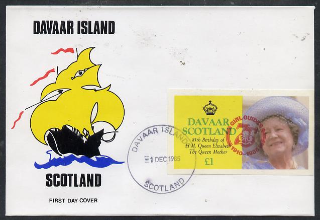 Davaar Island 1985 Life & Times of HM Queen Mother imperf souvenir sheet (\A31 value) with Girl Guide 75th Anniversary opt in red, on cover with first day cancel, stamps on scouts, stamps on royalty, stamps on queen mother