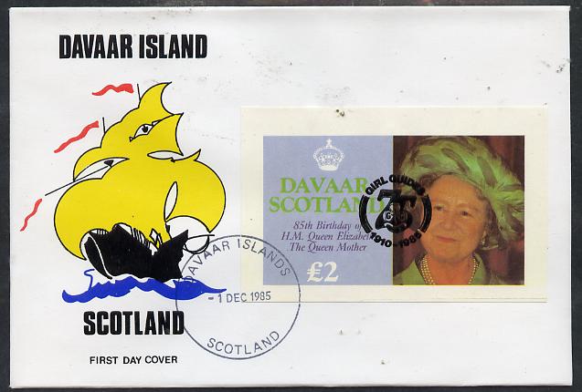 Davaar Island 1985 Life & Times of HM Queen Mother imperf deluxe sheet (\A32 value) with Girl Guide 75th Anniversary opt in black, on cover with first day cancel, stamps on scouts, stamps on royalty, stamps on queen mother