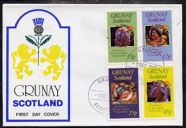 Grunay 1985 Life & Times of HM Queen Mother perf set of 4 with Girl Guide 75th Anniversary opt in red, on cover with first day cancel, stamps on , stamps on  stamps on scouts, stamps on  stamps on royalty, stamps on  stamps on queen mother