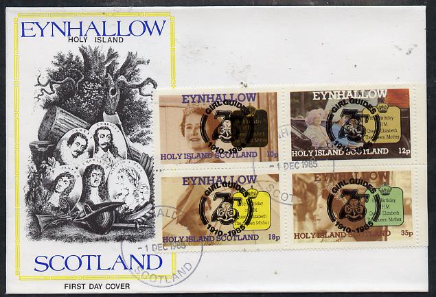 Eynhallow 1985 Life & Times of HM Queen Mother perf set of 4 with Girl Guide 75th Anniversary opt in black, on cover with first day cancel, stamps on scouts, stamps on royalty, stamps on queen mother