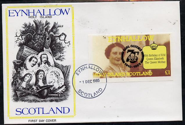 Eynhallow 1985 Life & Times of HM Queen Mother imperf souvenir sheet (\A31 value) with Girl Guide 75th Anniversary opt in black, on cover with first day cancel, stamps on scouts, stamps on royalty, stamps on queen mother