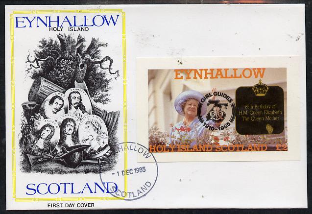 Eynhallow 1985 Life & Times of HM Queen Mother imperf deluxe sheet (\A32 value) with Girl Guide 75th Anniversary opt in black, on cover with first day cancel, stamps on scouts, stamps on royalty, stamps on queen mother