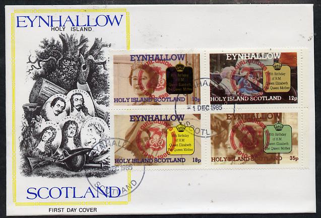 Eynhallow 1985 Life & Times of HM Queen Mother perf set of 4 with Girl Guide 75th Anniversary opt in red, on cover with first day cancel, stamps on scouts, stamps on royalty, stamps on queen mother