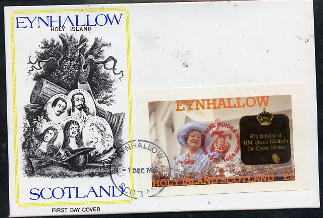 Eynhallow 1985 Life & Times of HM Queen Mother imperf deluxe sheet (\A32 value) with Girl Guide 75th Anniversary opt in red, on cover with first day cancel, stamps on scouts, stamps on royalty, stamps on queen mother