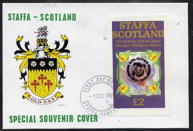 Staffa 1985 Life & Times of HM Queen Mother imperf deluxe sheet (\A32 value) with Girl Guide 75th Anniversary opt in black, on cover with first day cancel, stamps on scouts, stamps on royalty, stamps on queen mother